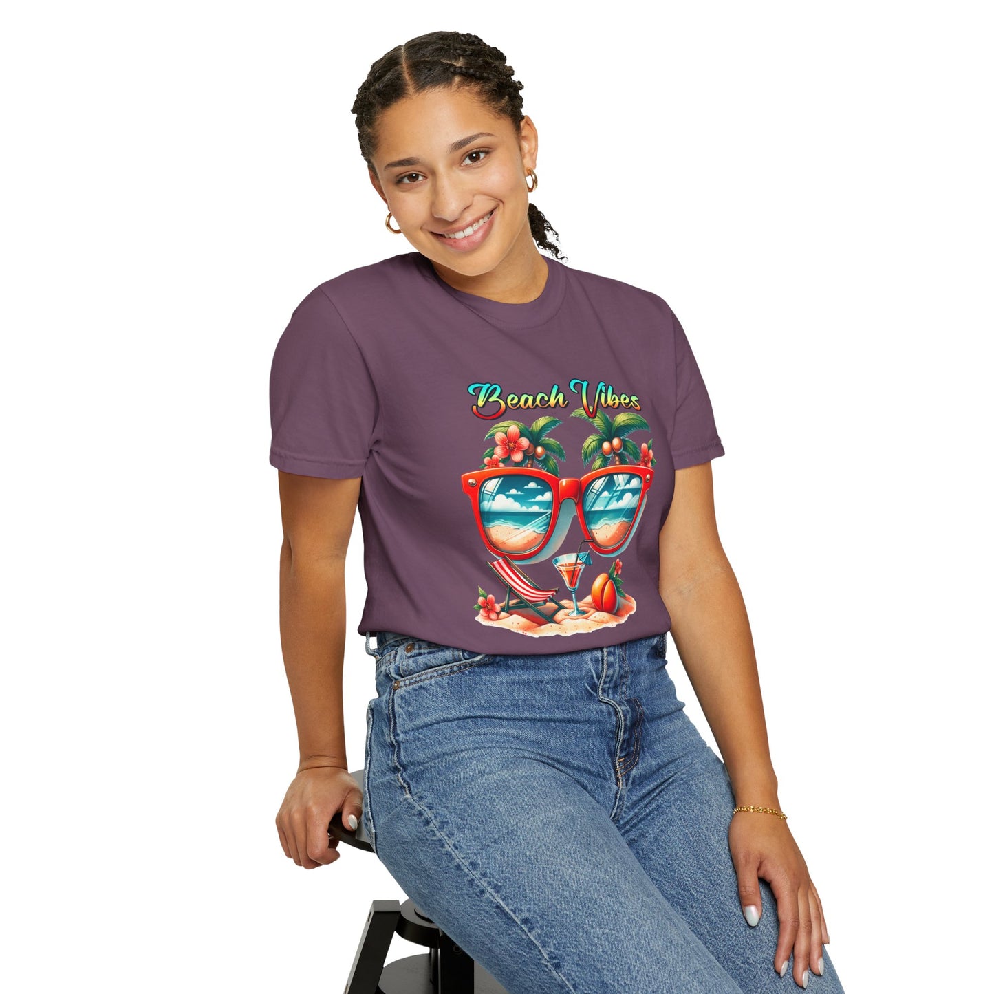 Beach Vibes Graphic Tee – Retro Sunglasses, Palm Trees & Sunset Summer Shirt