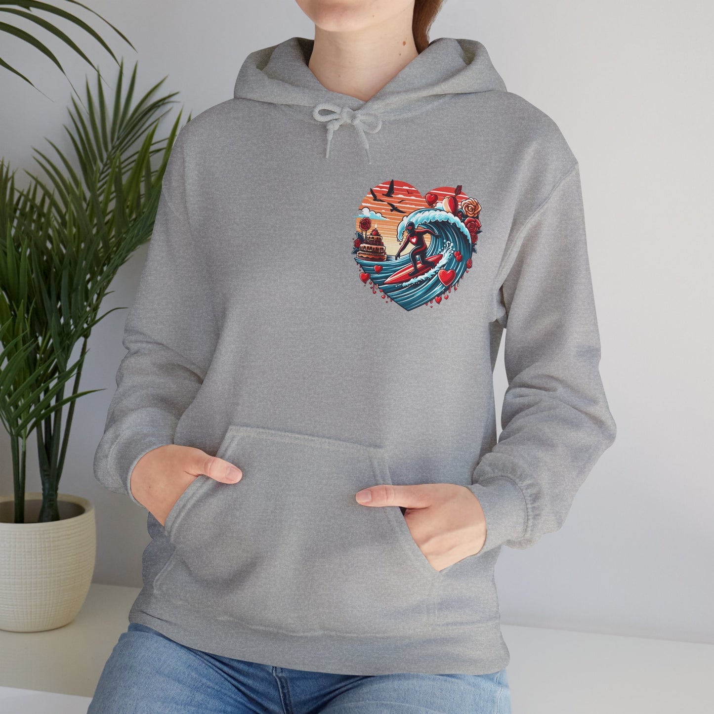 Surfing Love Heart Hoodie Surfer Wave Unisex Sweatshirt - Viral Romantic Beach Gift