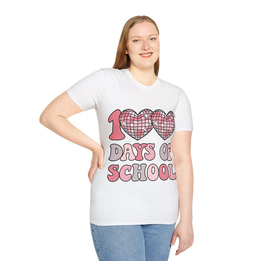 00 Days of School Shirt | Retro Pink Disco Hearts Tee | Vintage Bubble Letter Teacher & Student Top | Soft Ring-Spun Cotton Gift