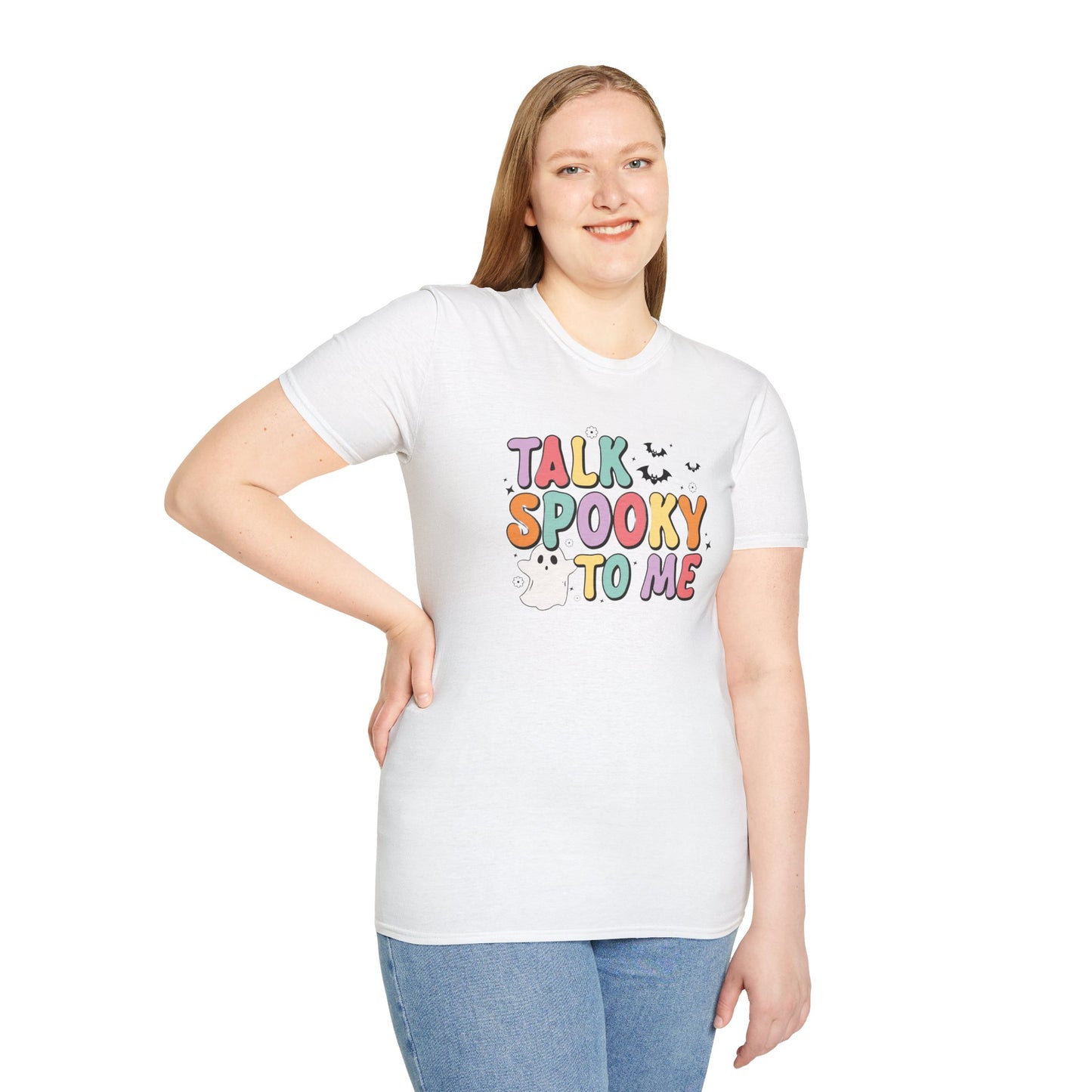 Talk Spooky To Me – Cute Pastel Ghost Halloween T‑Shirt for Spooky Season Lovers