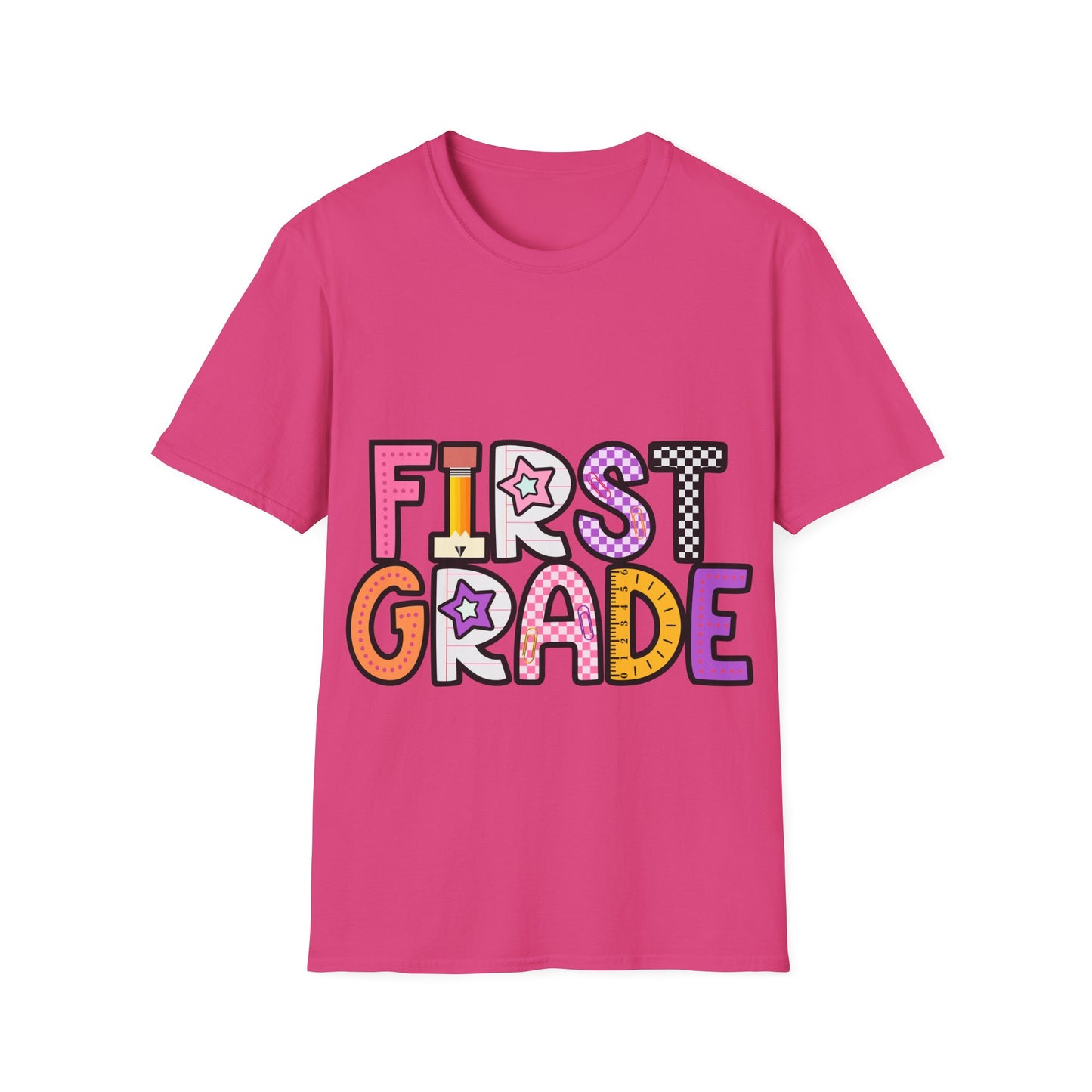 First Grade Shirt | Retro Groovy Teacher Team Tee | Colorful 1st Grade Back to School Outfit | Star Lightning Checkered Gift