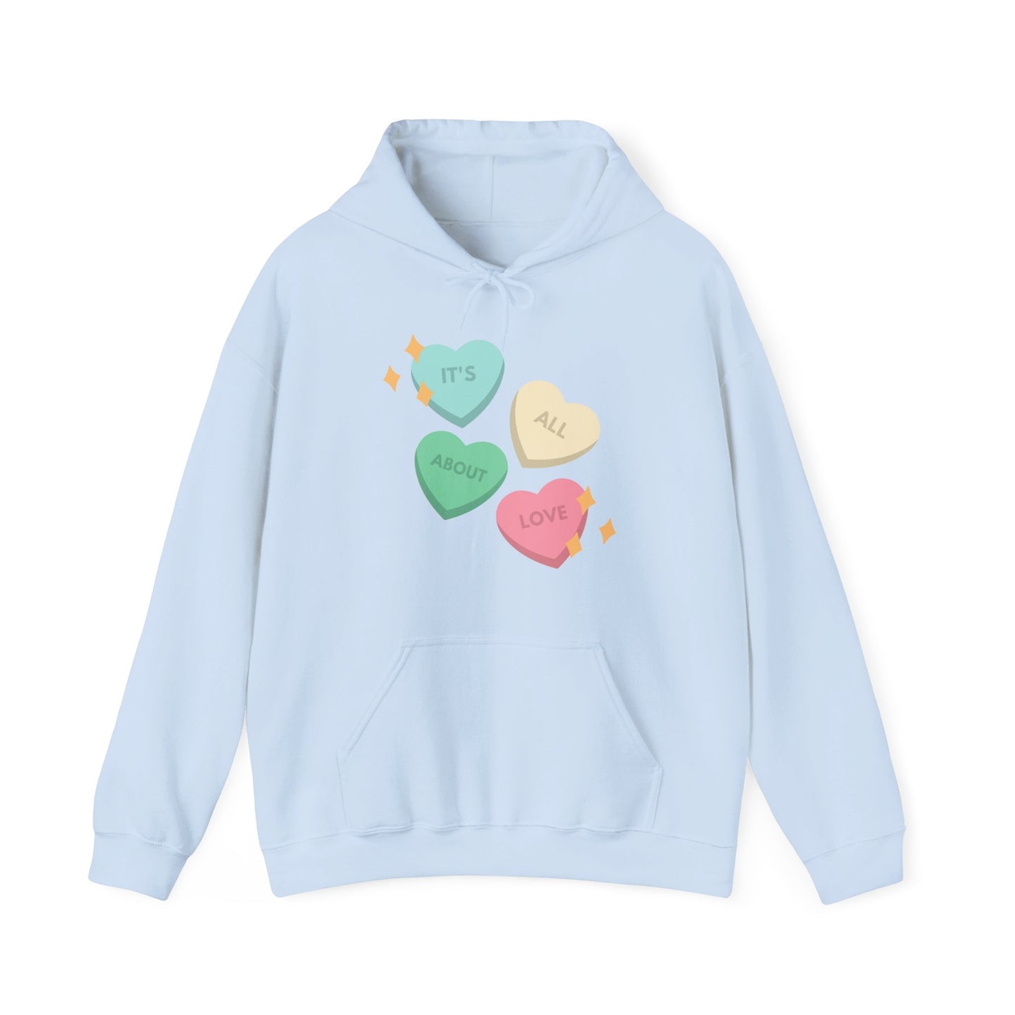 It's All About Love" Pastel Heart Hoodie | Retro Candy Style Sweatshirt | Aesthetic Love Graphic Pullover  Description: