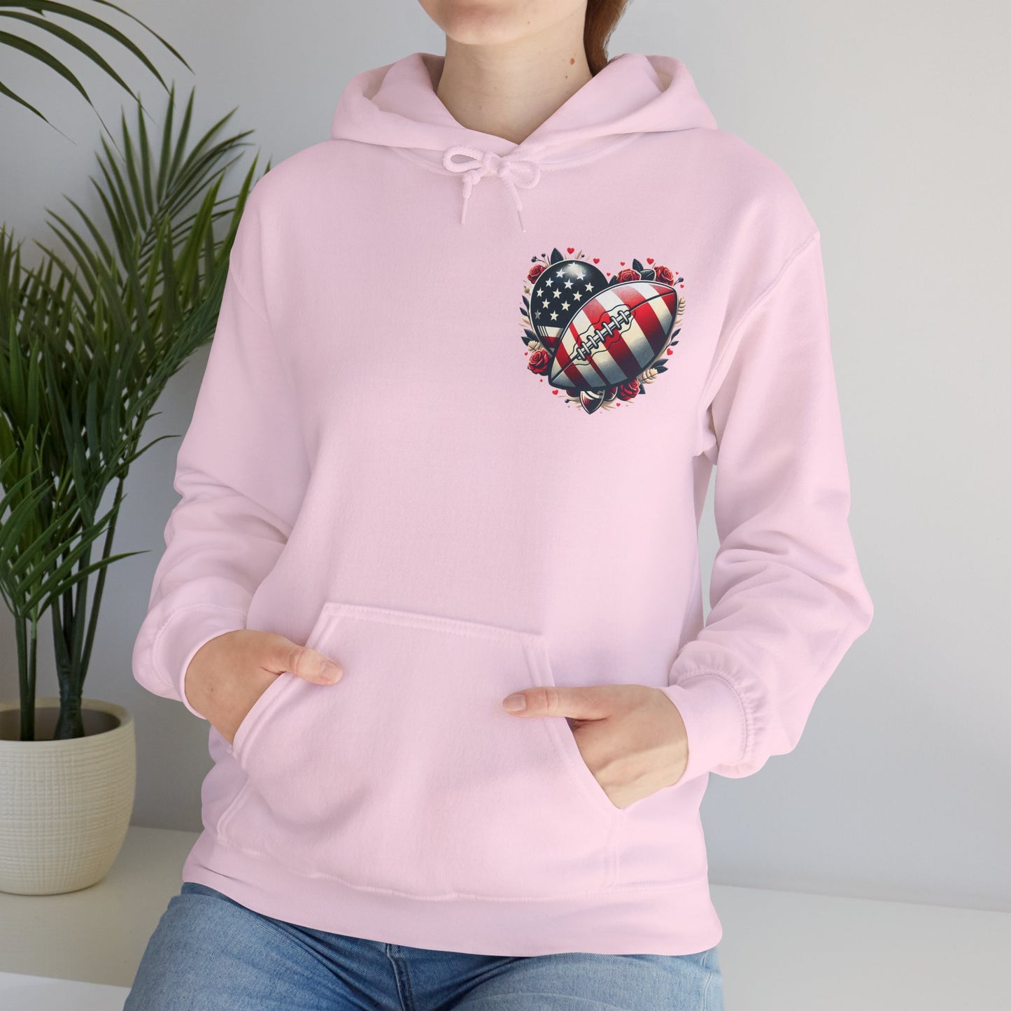 Touchdown Soul: Patriotic American Flag Football Heart Hoodie