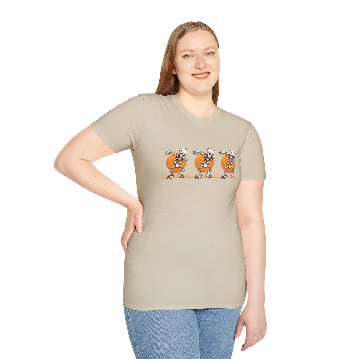 Moonlit Macabre: Dancing Skeleton Halloween T-Shirt – Spooky Unisex Softstyle T-Shirt