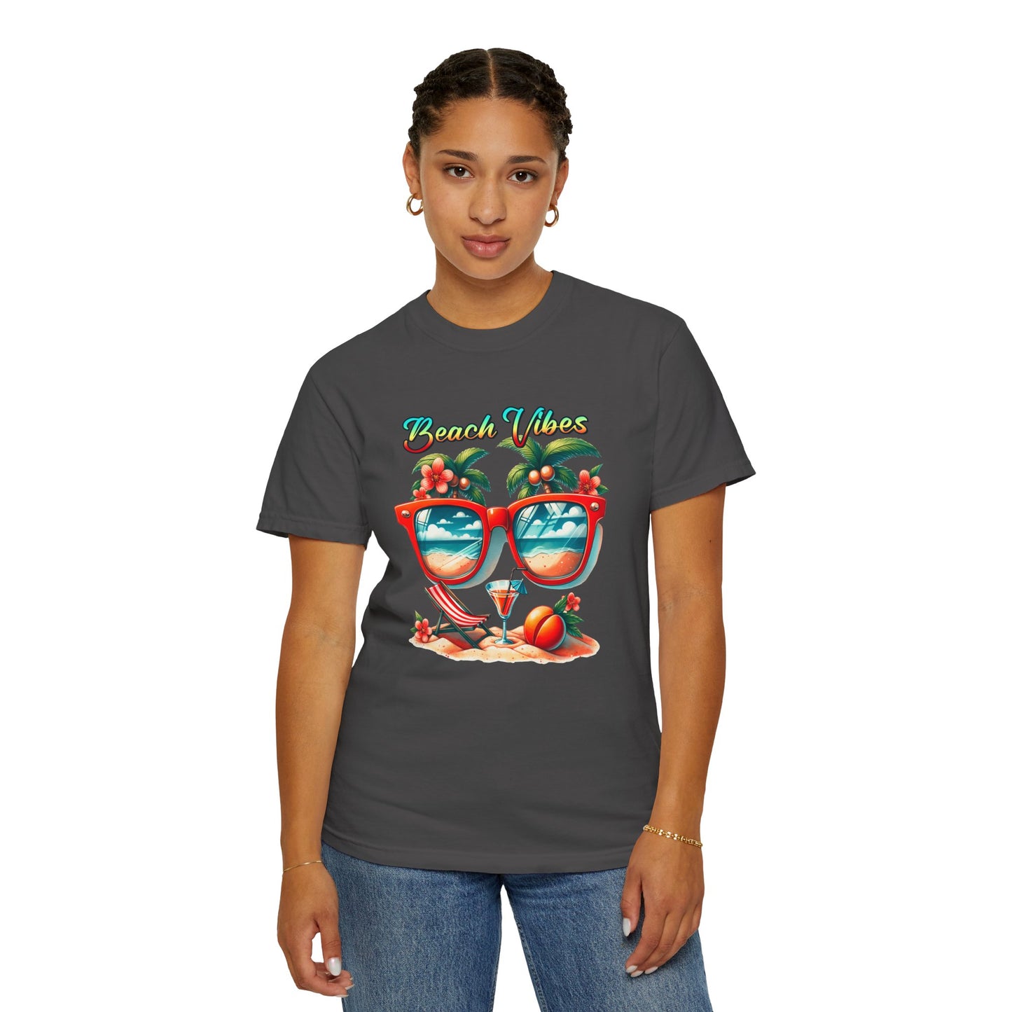 Beach Vibes Graphic Tee – Retro Sunglasses, Palm Trees & Sunset Summer Shirt