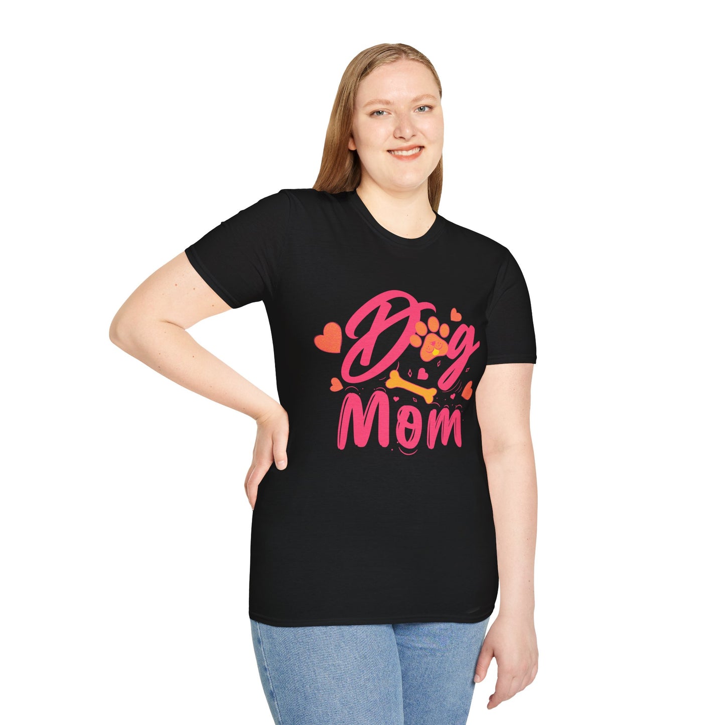 Cute Dog Mom T‑Shirt – Pink Hearts, Paw Print & Bone Graphic for Proud Pup Mamas