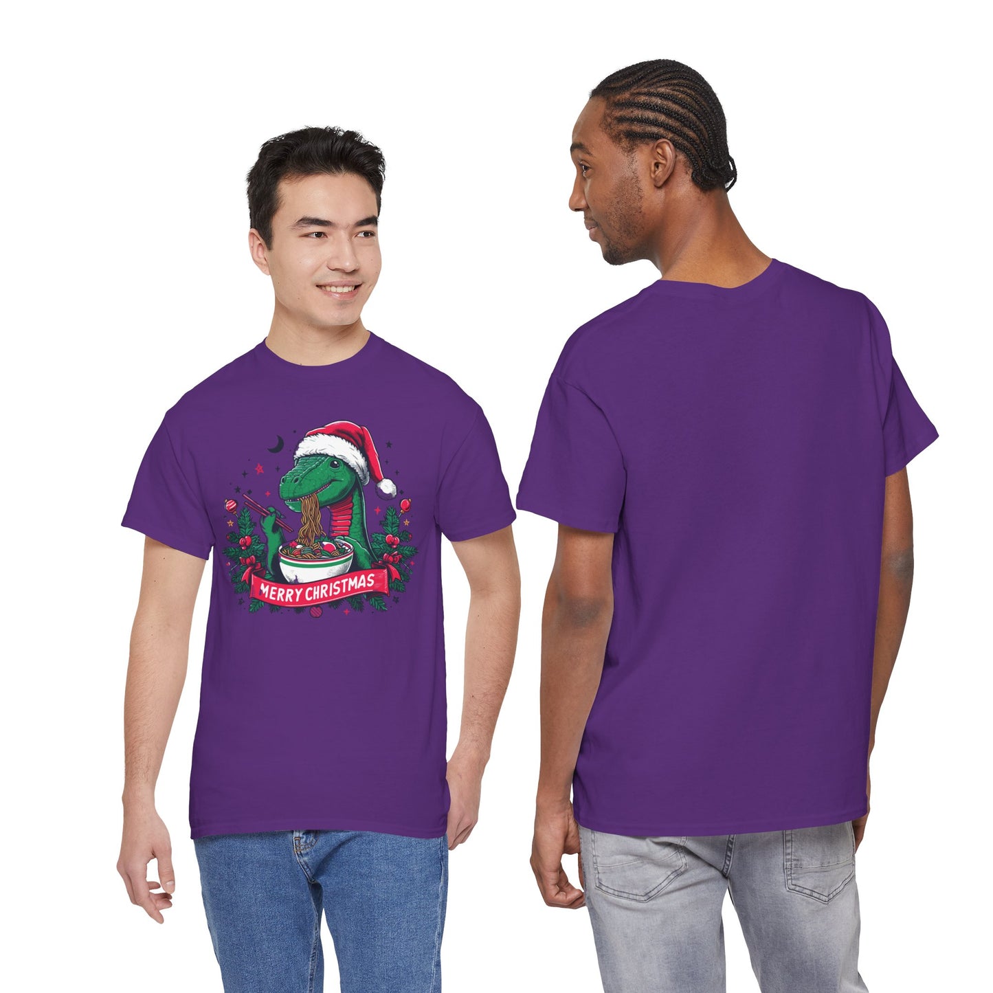 Festive Dinosaur Enjoying Ramen: A Merry Christmas Greetings Unisex Tee