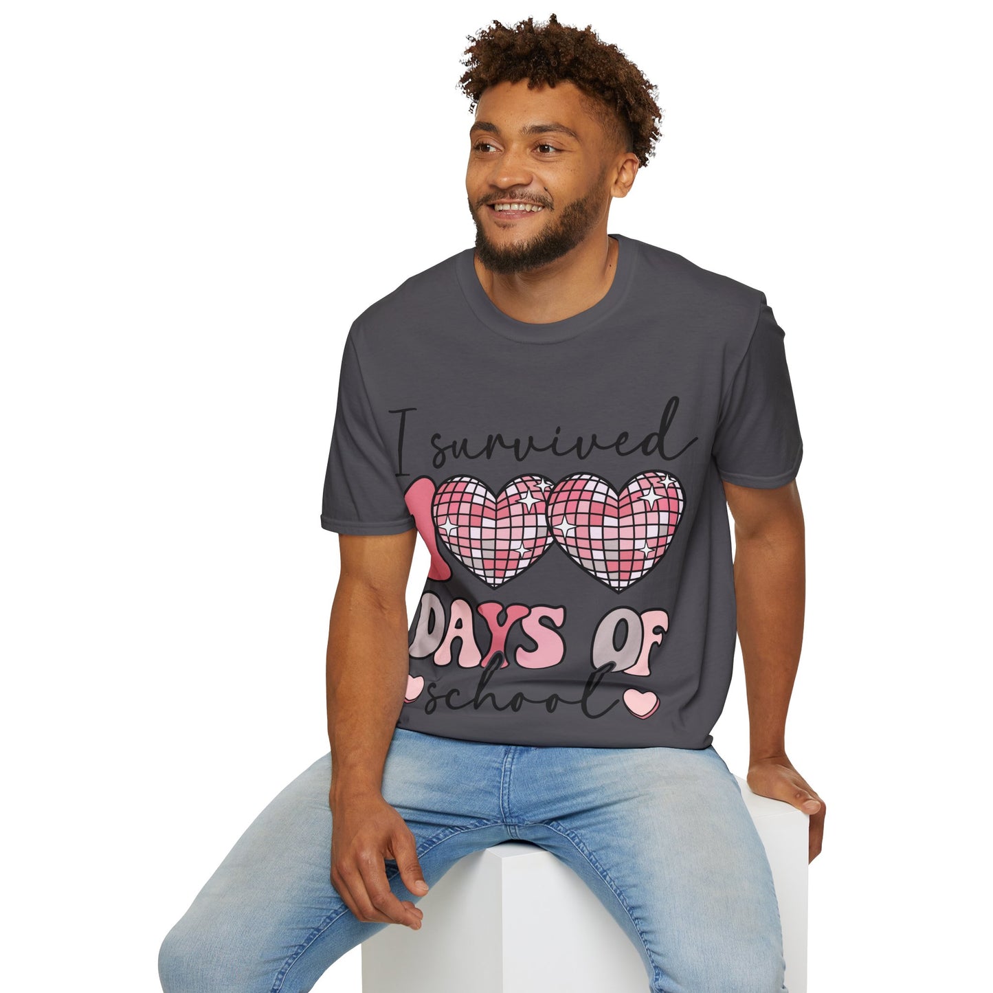 I Survived 100 Days of School Shirt | Funny Retro Disco Heart Tee | Pink 100th Day Teacher Gift | Humorous Student Outfit