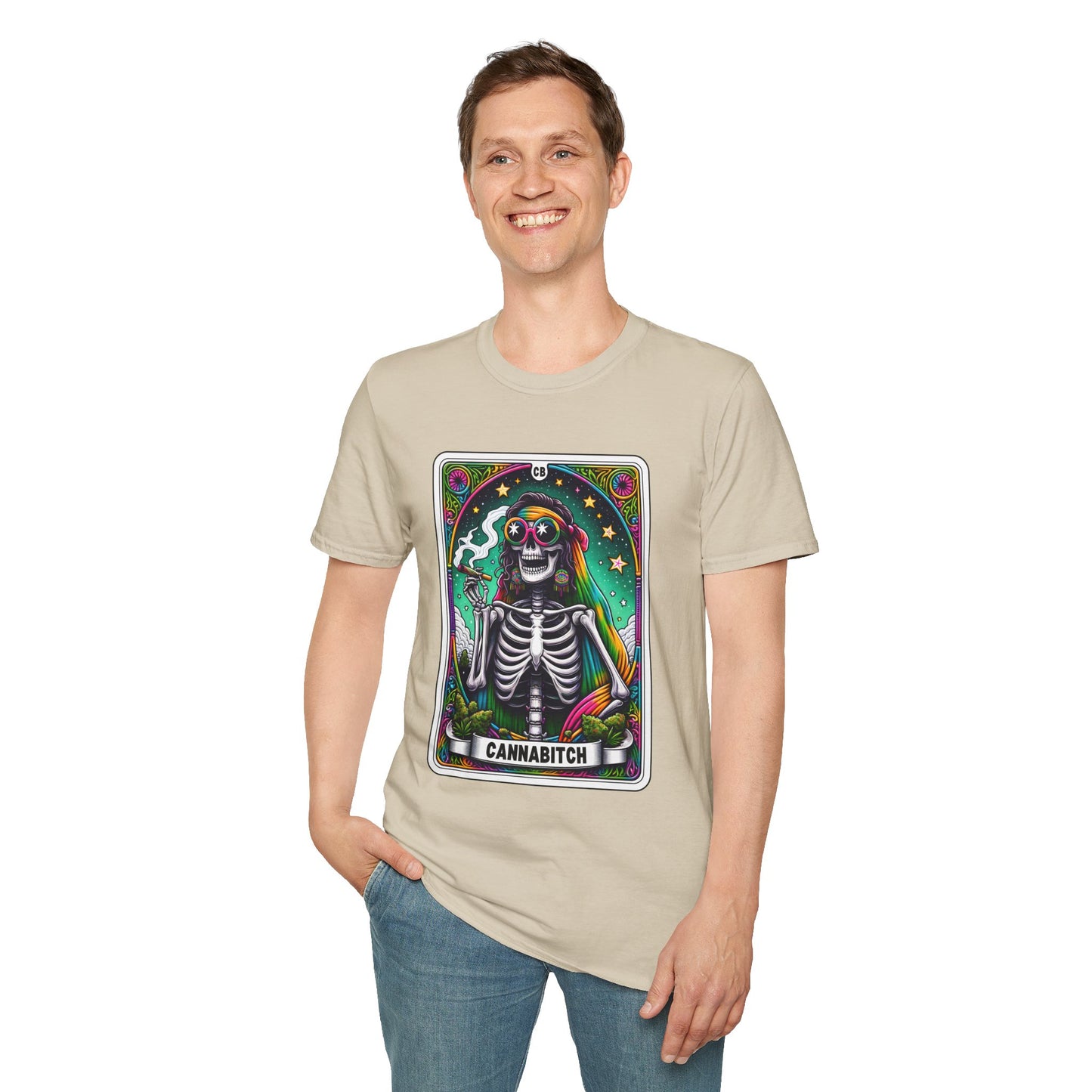 Psychedelic “Cannabitch” Tarot Skeleton T‑Shirt – Trippy Rainbow Weed Art for Stoner Queens