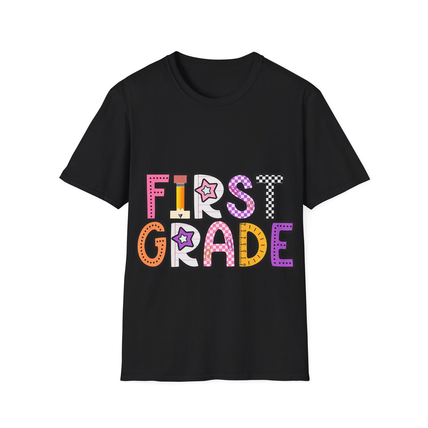 First Grade Shirt | Retro Groovy Teacher Team Tee | Colorful 1st Grade Back to School Outfit | Star Lightning Checkered Gift