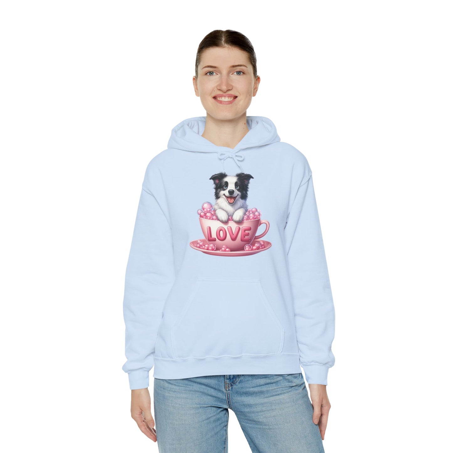 Viral Puppy Love Border Collie Hoodie - Cute Dog in Pink Cup Graphic Unisex Sweatshirt - Adorable Gift for Border Collie Lovers