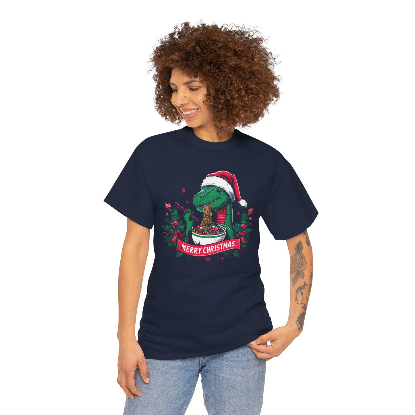 Festive Dinosaur Enjoying Ramen: A Merry Christmas Greetings Unisex Tee