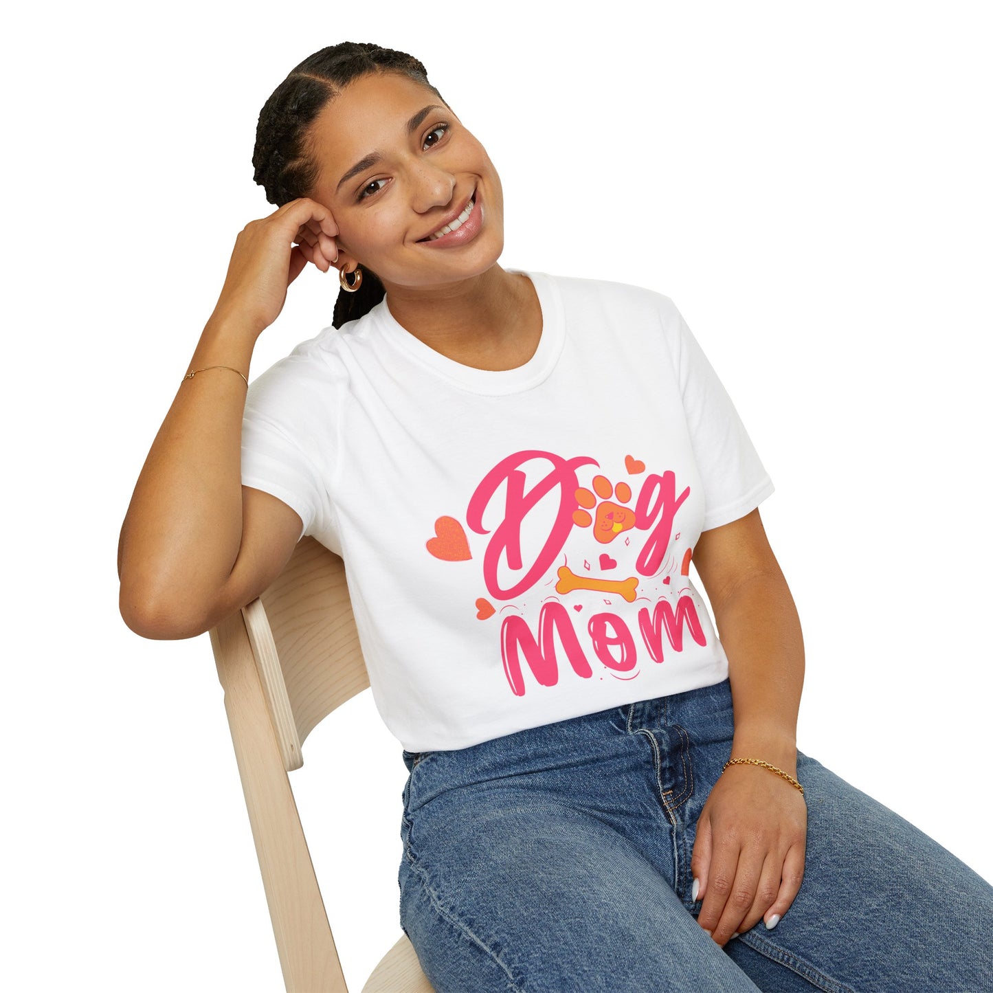 Cute Dog Mom T‑Shirt – Pink Hearts, Paw Print & Bone Graphic for Proud Pup Mamas