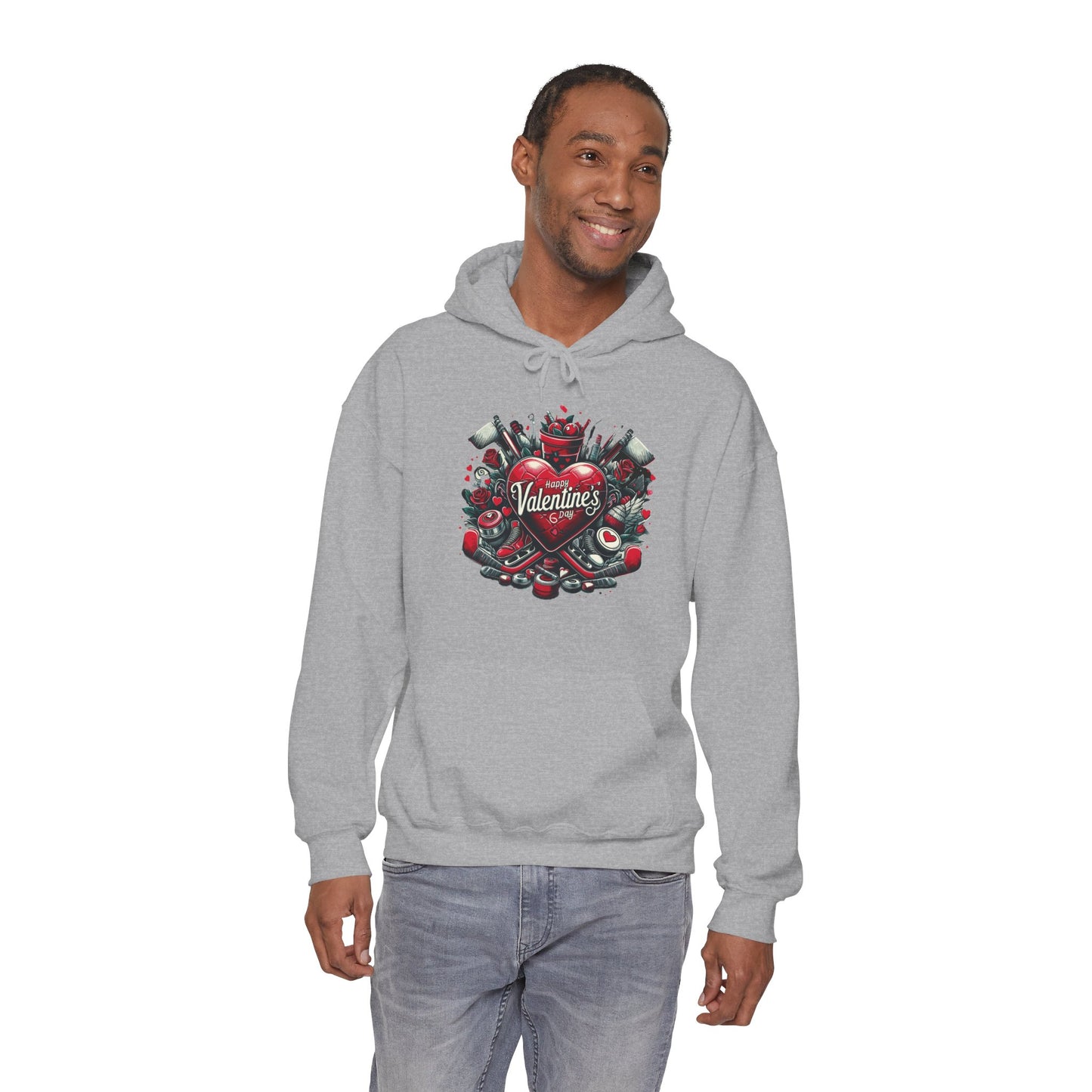 Valentine's Day Heart and Roses Hoodie, Romantic Couple Skatewear, Love ice hockey Themed Sweatshirt