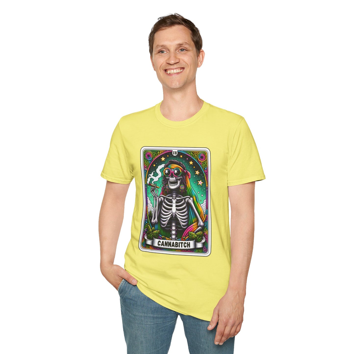 Psychedelic “Cannabitch” Tarot Skeleton T‑Shirt – Trippy Rainbow Weed Art for Stoner Queens