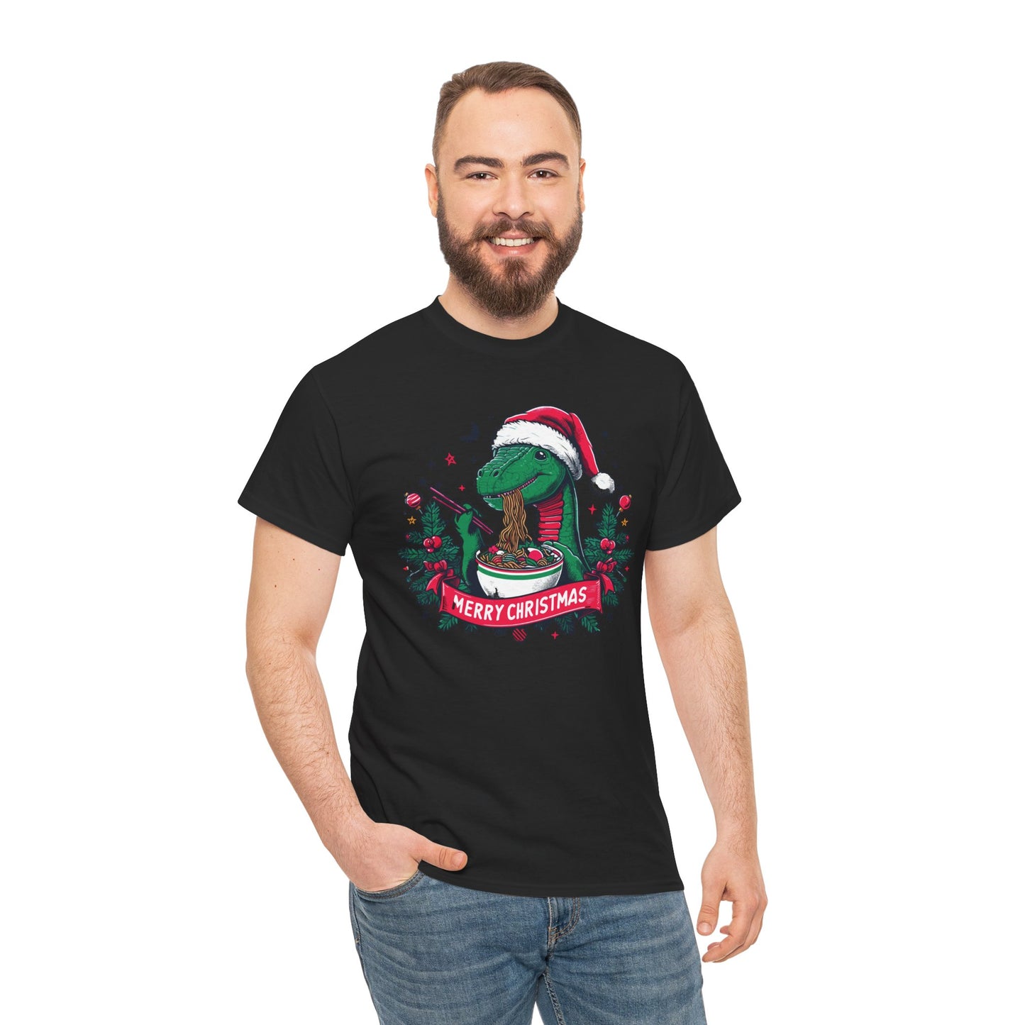 Festive Dinosaur Enjoying Ramen: A Merry Christmas Greetings Unisex Tee