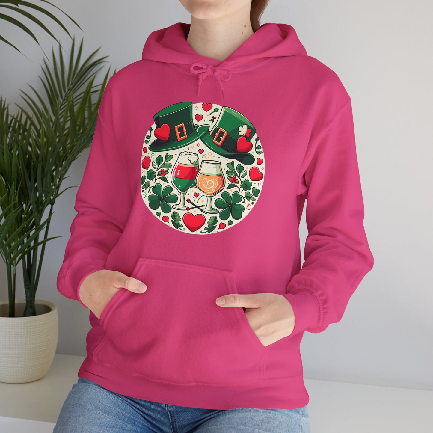 St. Patrick's Day Hoodie, Irish Celebration Beer Clover Heart Unisex Pullover