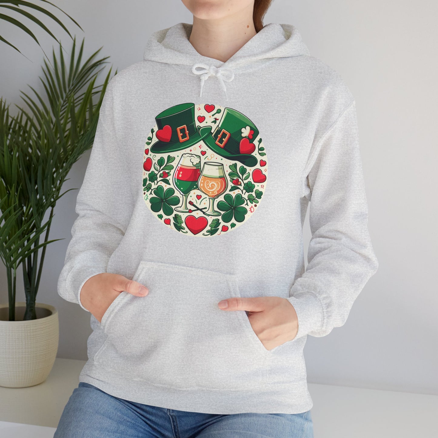 St. Patrick's Day Hoodie, Irish Celebration Beer Clover Heart Unisex Pullover