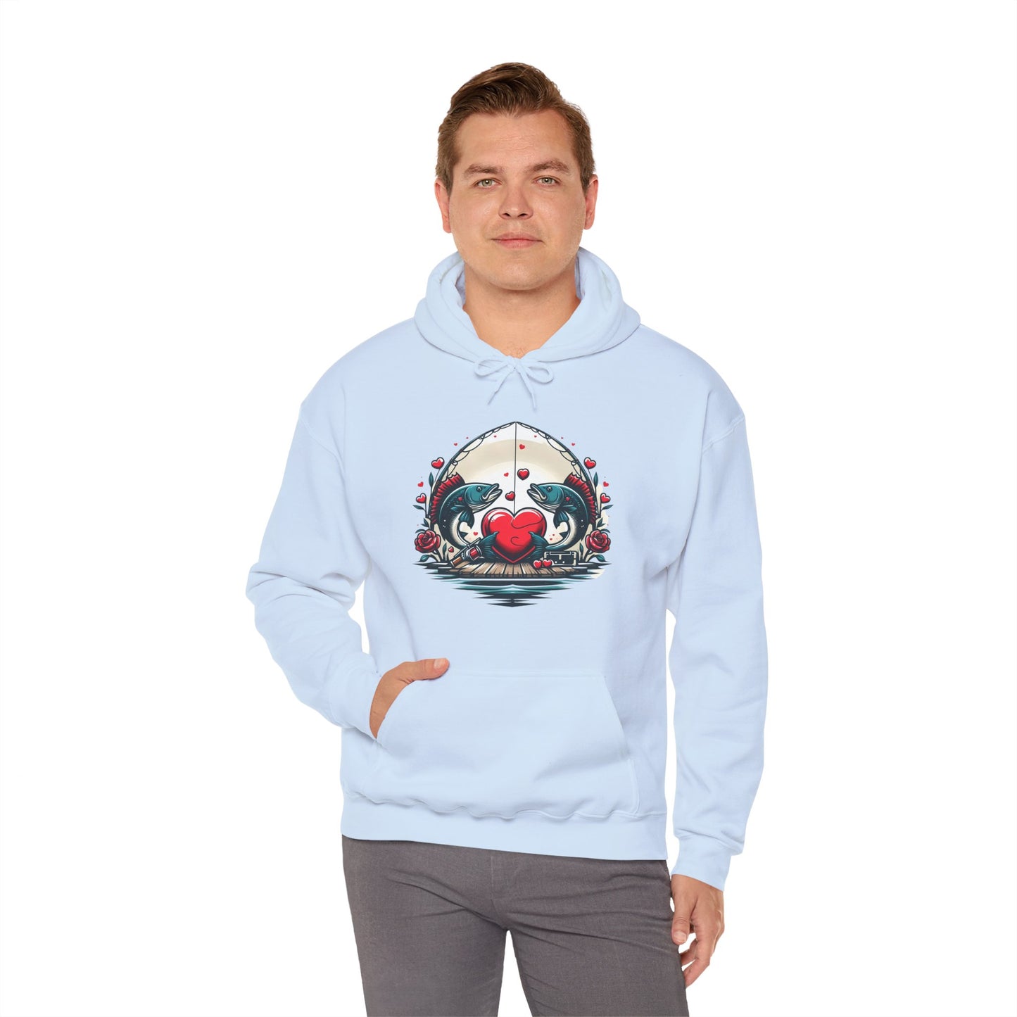 Unique Fish Love Heart Hoodie Unisex Fishing Themed Sweatshirt Graphic Hoodie With Rose Detail Romantic Angler Gift