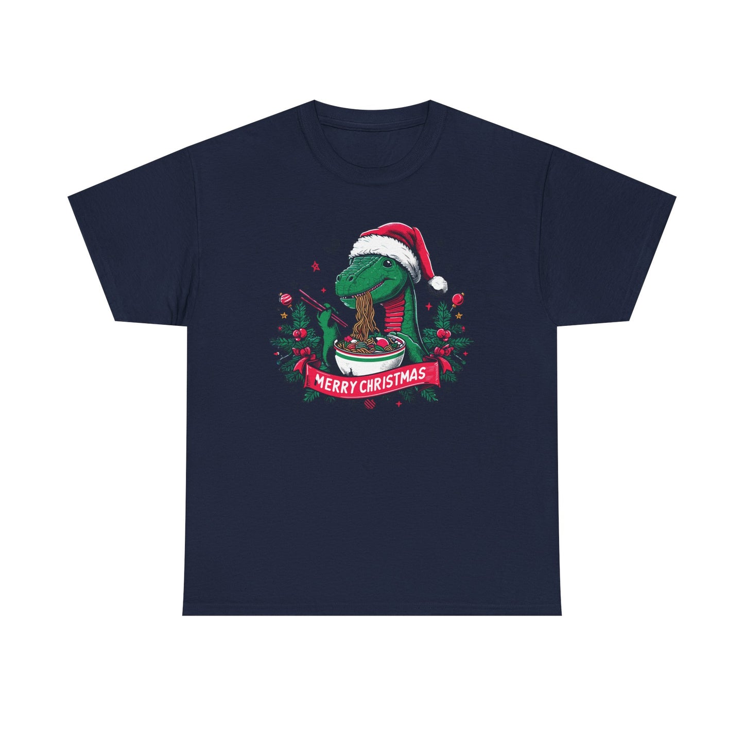 Festive Dinosaur Enjoying Ramen: A Merry Christmas Greetings Unisex Tee