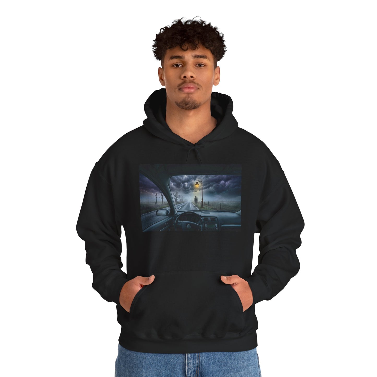 Roadside Encounter Hoodie | Eerie Figure on a Foggy Country Road