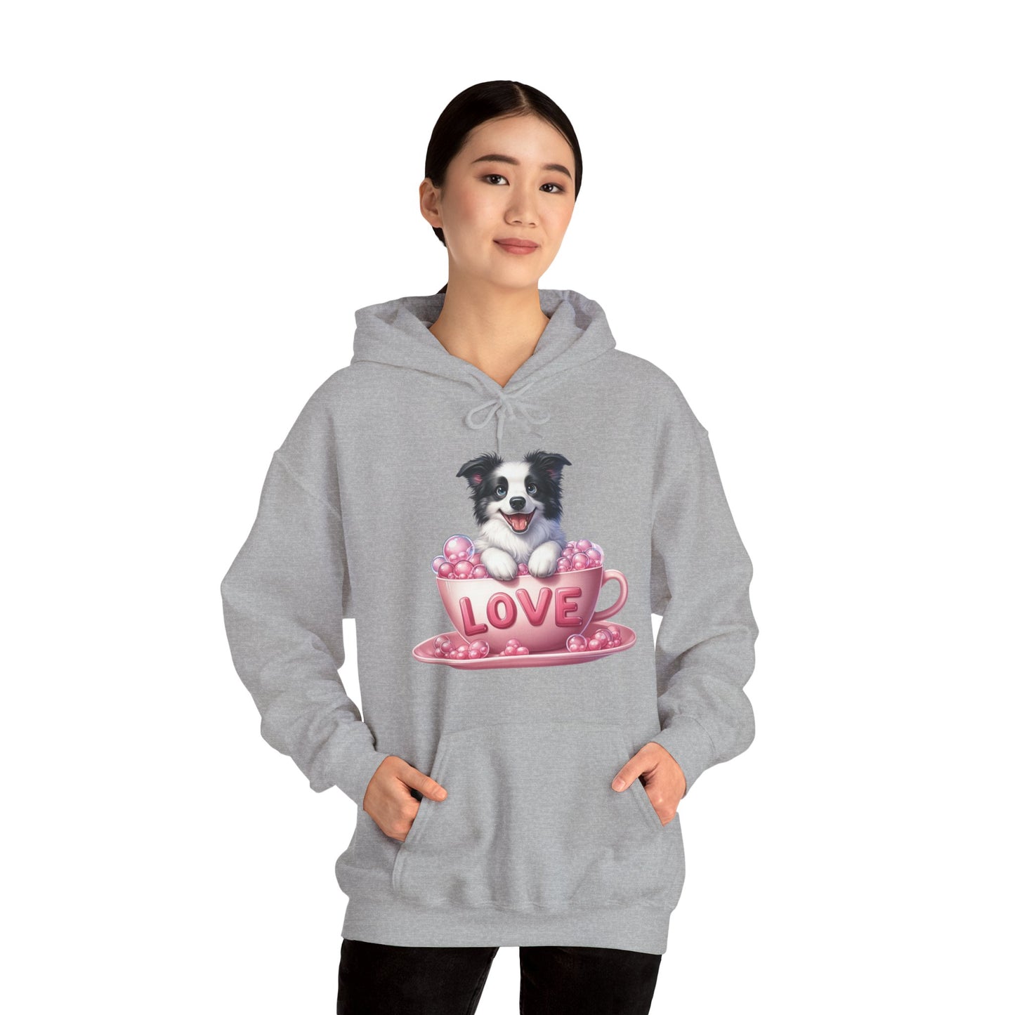 Viral Puppy Love Border Collie Hoodie - Cute Dog in Pink Cup Graphic Unisex Sweatshirt - Adorable Gift for Border Collie Lovers