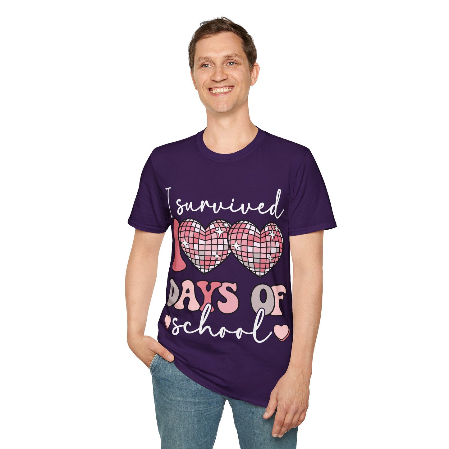 I Survived 100 Days of School Shirt | Funny Retro Disco Heart Black Tee | Groovy Teacher Student Humor Gift