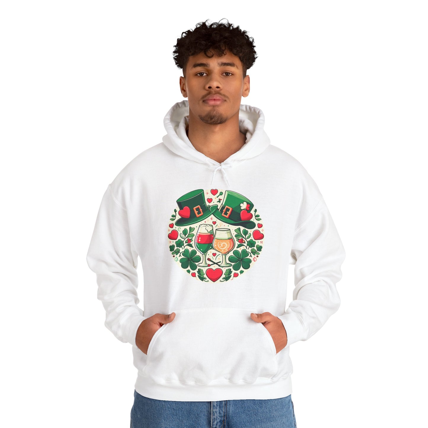 St. Patrick's Day Hoodie, Irish Celebration Beer Clover Heart Unisex Pullover
