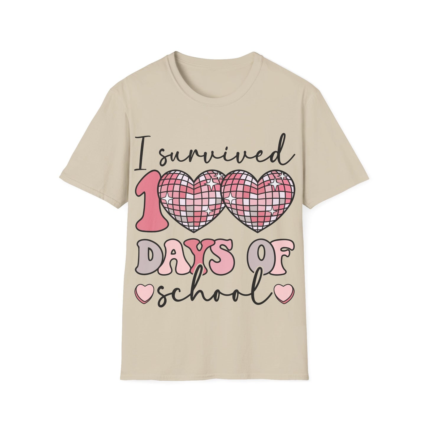 I Survived 100 Days of School Shirt | Funny Retro Disco Heart Tee | Pink 100th Day Teacher Gift | Humorous Student Outfit