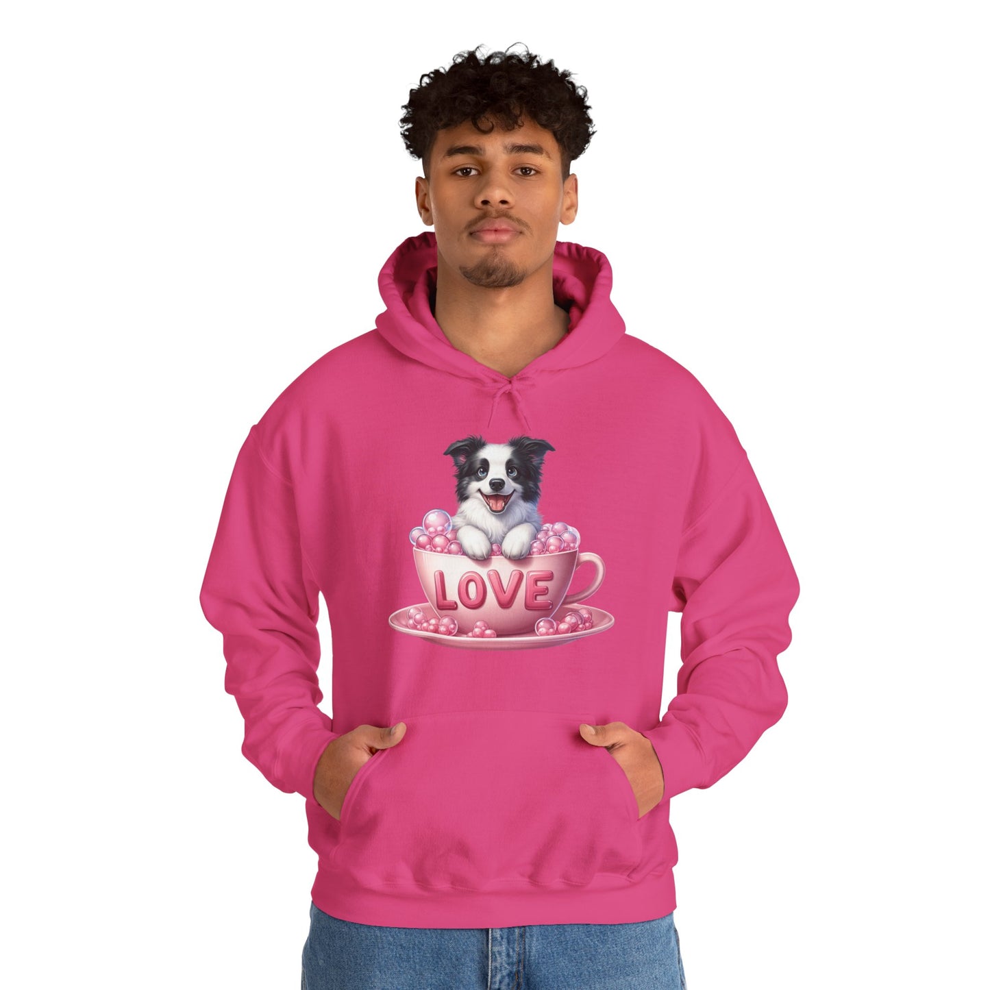 Viral Puppy Love Border Collie Hoodie - Cute Dog in Pink Cup Graphic Unisex Sweatshirt - Adorable Gift for Border Collie Lovers