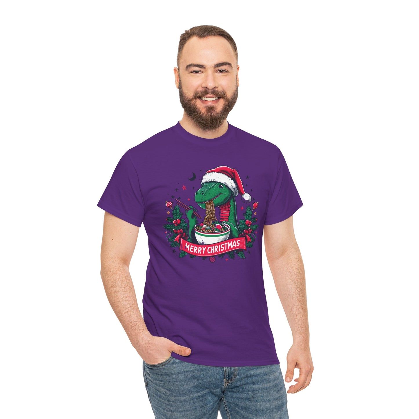 Festive Dinosaur Enjoying Ramen: A Merry Christmas Greetings Unisex Tee