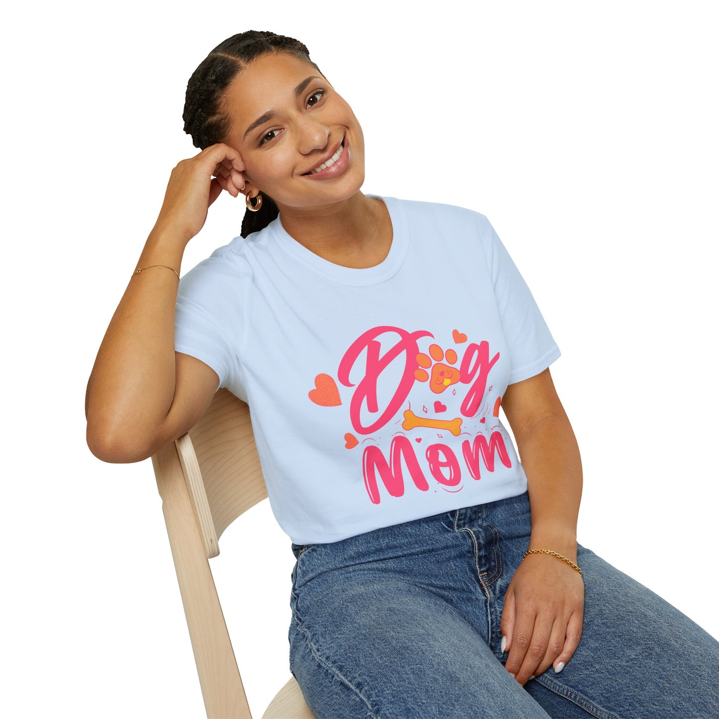 Cute Dog Mom T‑Shirt – Pink Hearts, Paw Print & Bone Graphic for Proud Pup Mamas