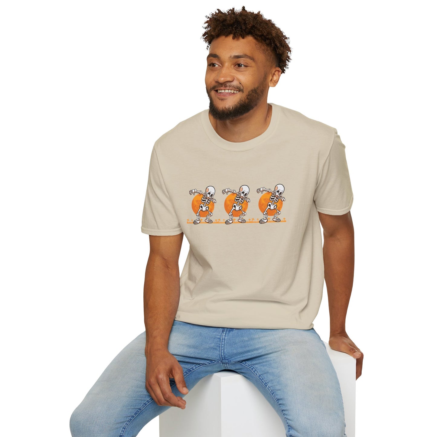 Moonlit Macabre: Dancing Skeleton Halloween T-Shirt – Spooky Unisex Softstyle T-Shirt