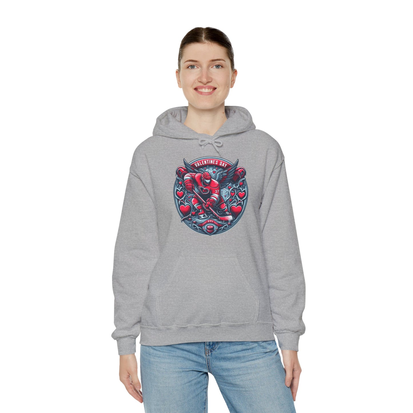 Valentines Day Hockey Hoodie, Romantic Sports Gift, Unisex Heart Hockey Graphic Pullover, Casual Comfortable Sporty Apparel