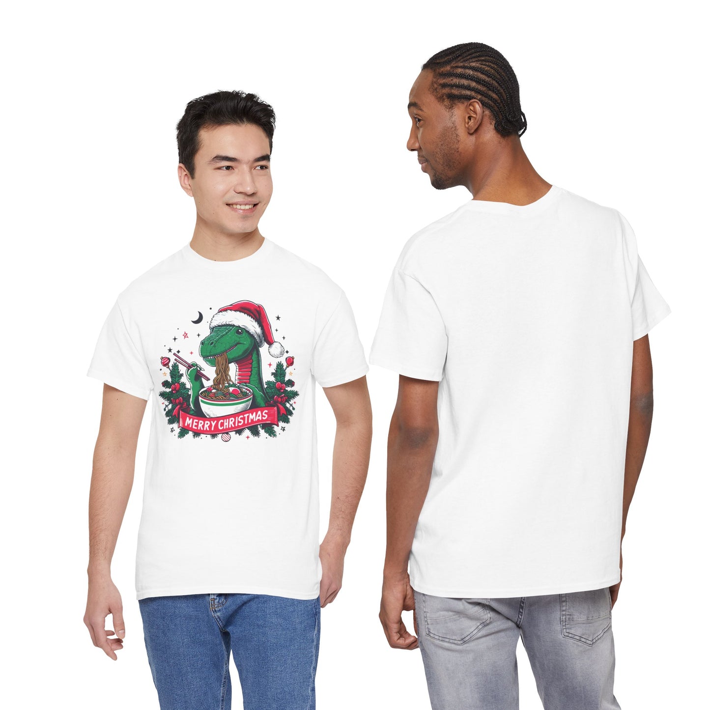 Festive Dinosaur Enjoying Ramen: A Merry Christmas Greetings Unisex Tee