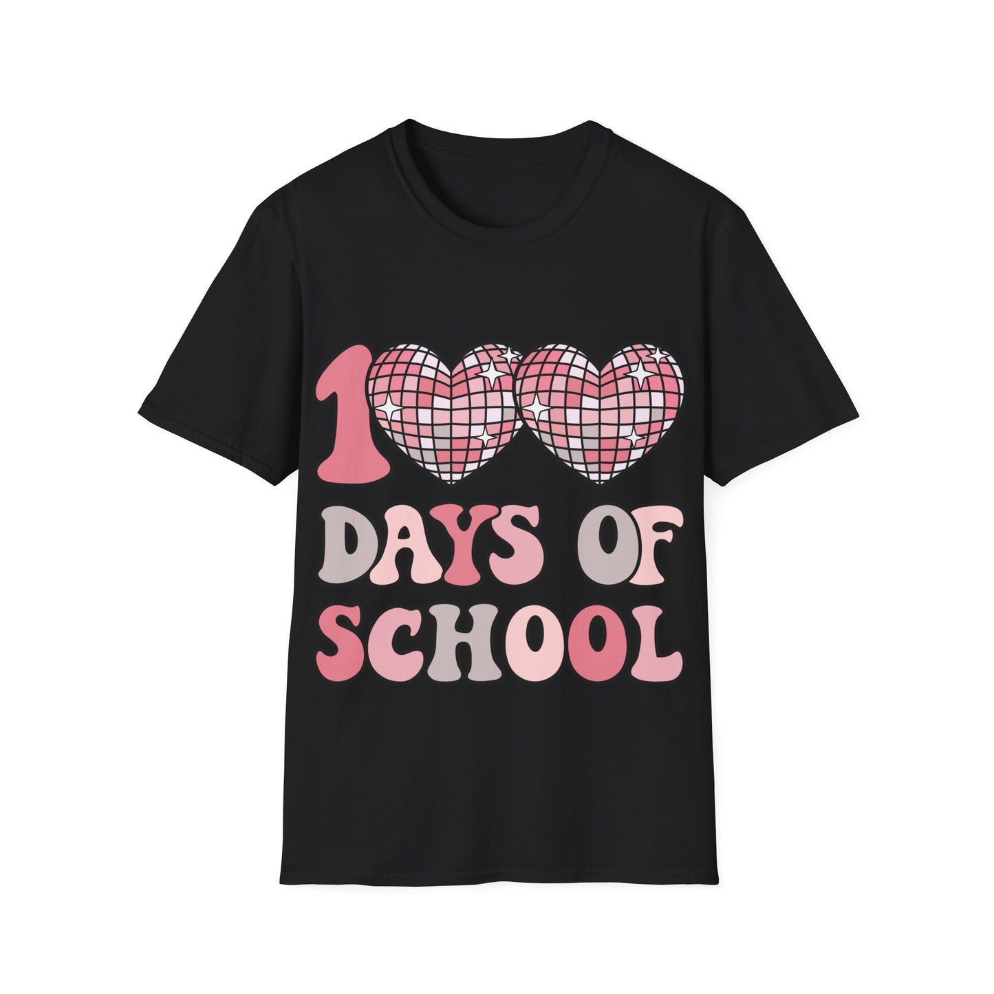 00 Days of School Shirt | Retro Pink Disco Hearts Tee | Vintage Bubble Letter Teacher & Student Top | Soft Ring-Spun Cotton Gift