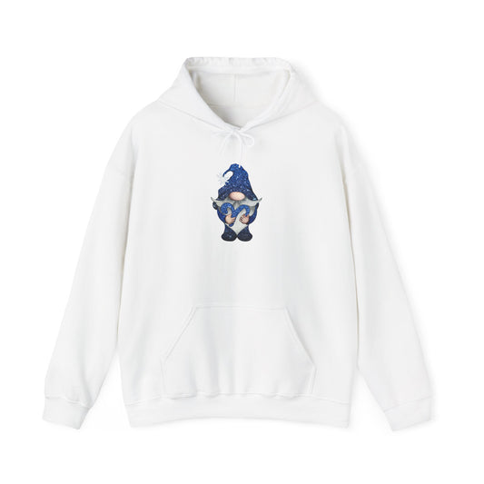 Cute Blue Gnome Hoodie with Heart – Cozy Whimsical Fantasy Pullover, Cottagecore Hooded Sweatshirt, Unisex Gift for Men & Women