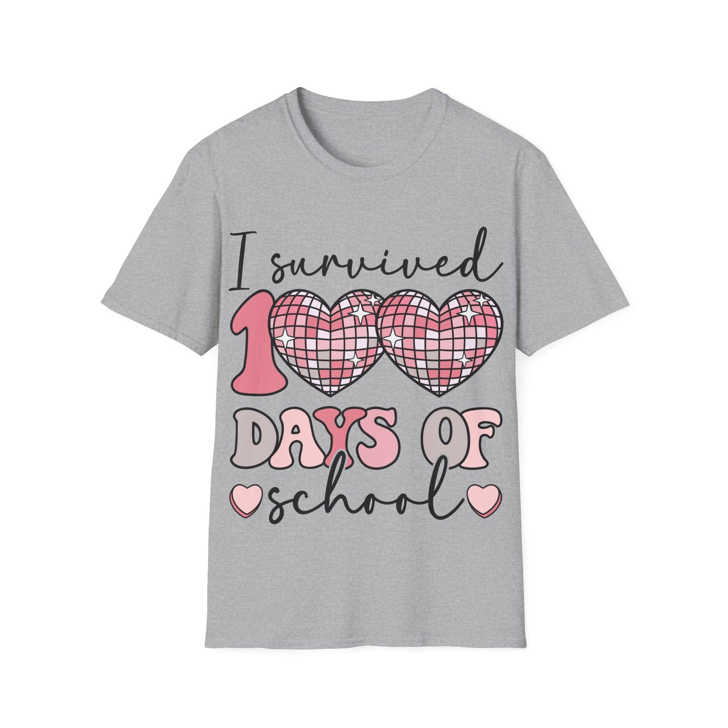 I Survived 100 Days of School Shirt | Funny Retro Disco Heart Tee | Pink 100th Day Teacher Gift | Humorous Student Outfit