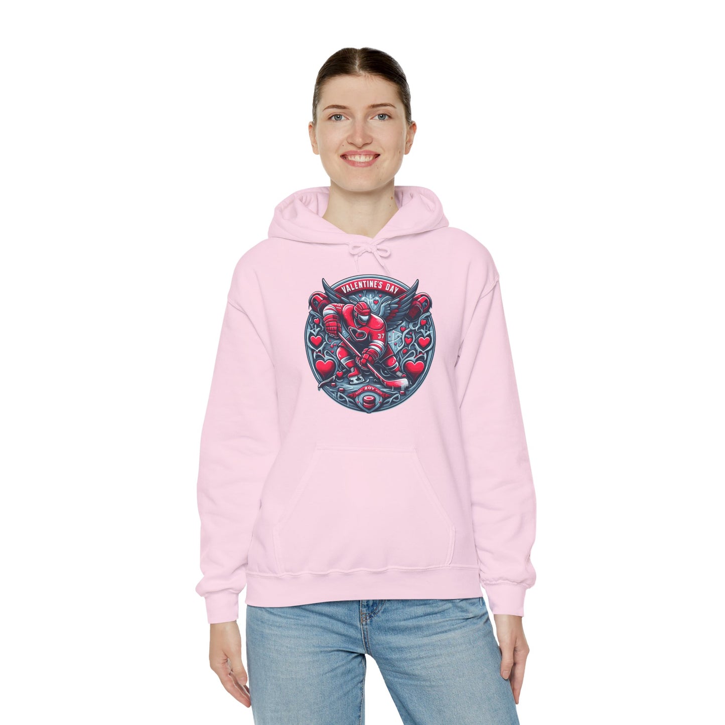 Valentines Day Hockey Hoodie, Romantic Sports Gift, Unisex Heart Hockey Graphic Pullover, Casual Comfortable Sporty Apparel