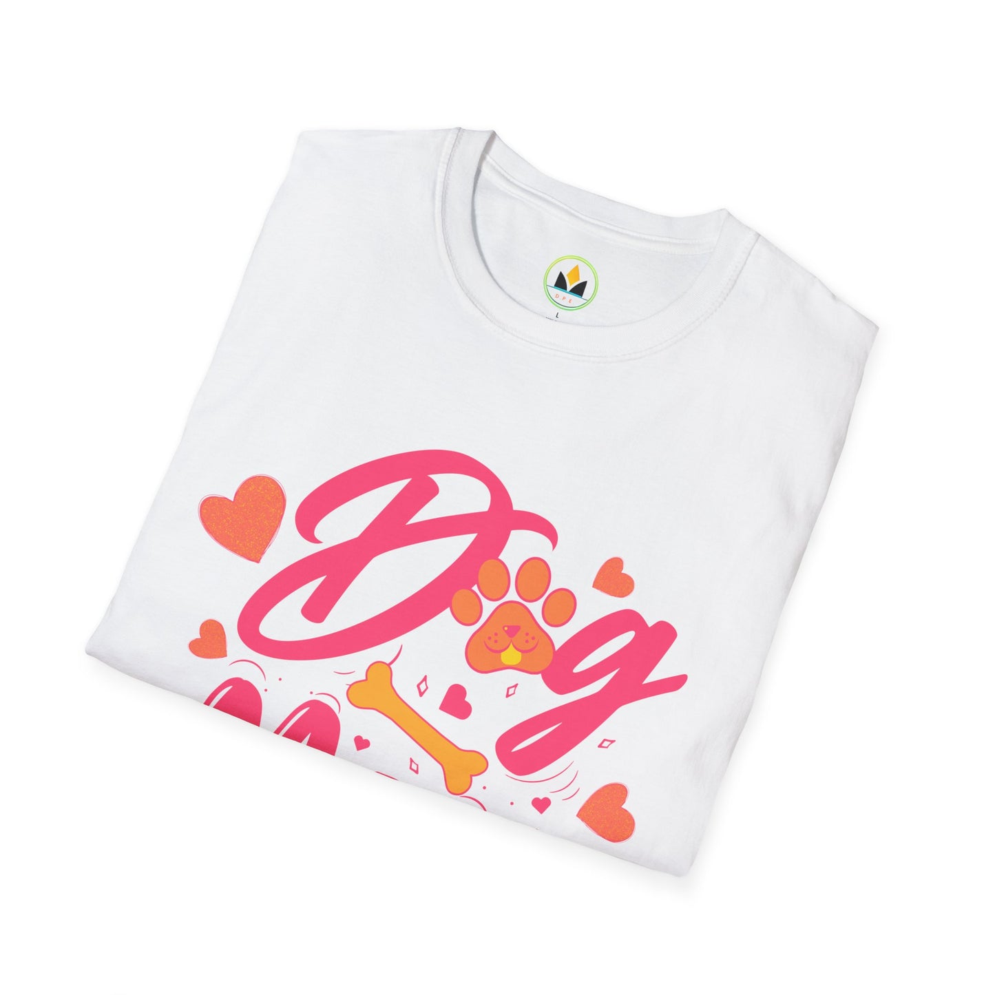 Cute Dog Mom T‑Shirt – Pink Hearts, Paw Print & Bone Graphic for Proud Pup Mamas
