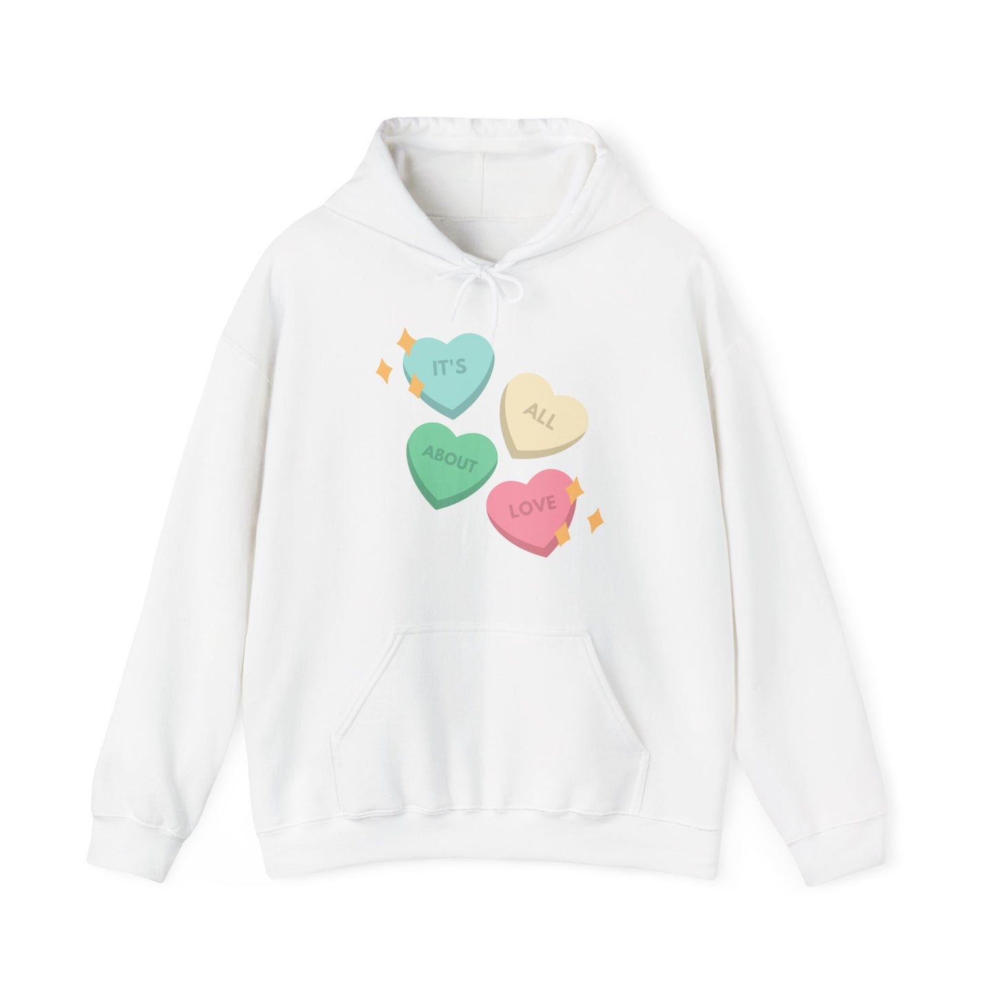 It's All About Love" Pastel Heart Hoodie | Retro Candy Style Sweatshirt | Aesthetic Love Graphic Pullover  Description:
