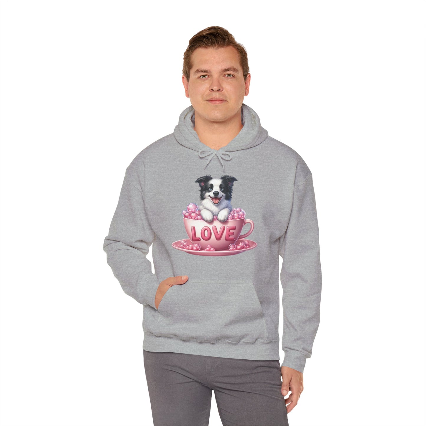 Viral Puppy Love Border Collie Hoodie - Cute Dog in Pink Cup Graphic Unisex Sweatshirt - Adorable Gift for Border Collie Lovers
