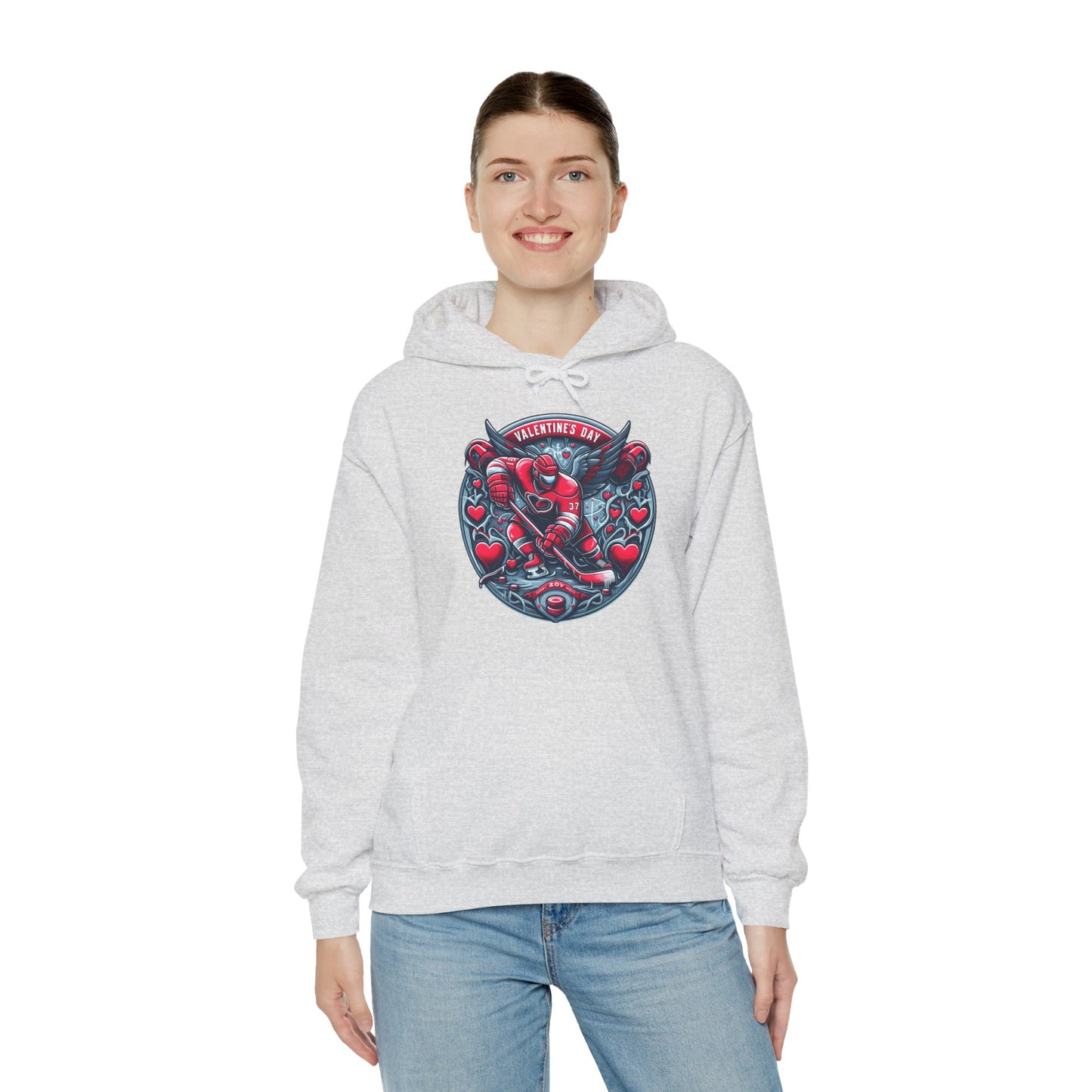 Valentines Day Hockey Hoodie, Romantic Sports Gift, Unisex Heart Hockey Graphic Pullover, Casual Comfortable Sporty Apparel
