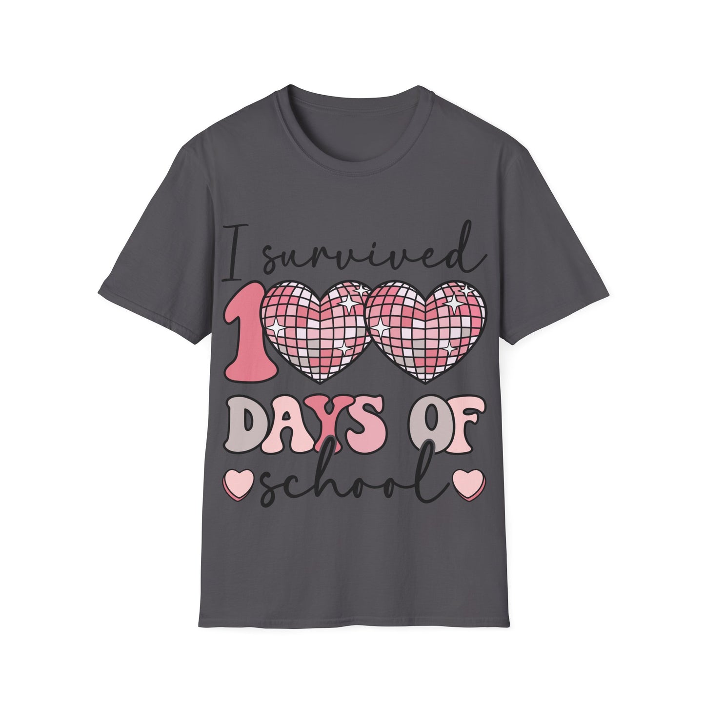 I Survived 100 Days of School Shirt | Funny Retro Disco Heart Tee | Pink 100th Day Teacher Gift | Humorous Student Outfit