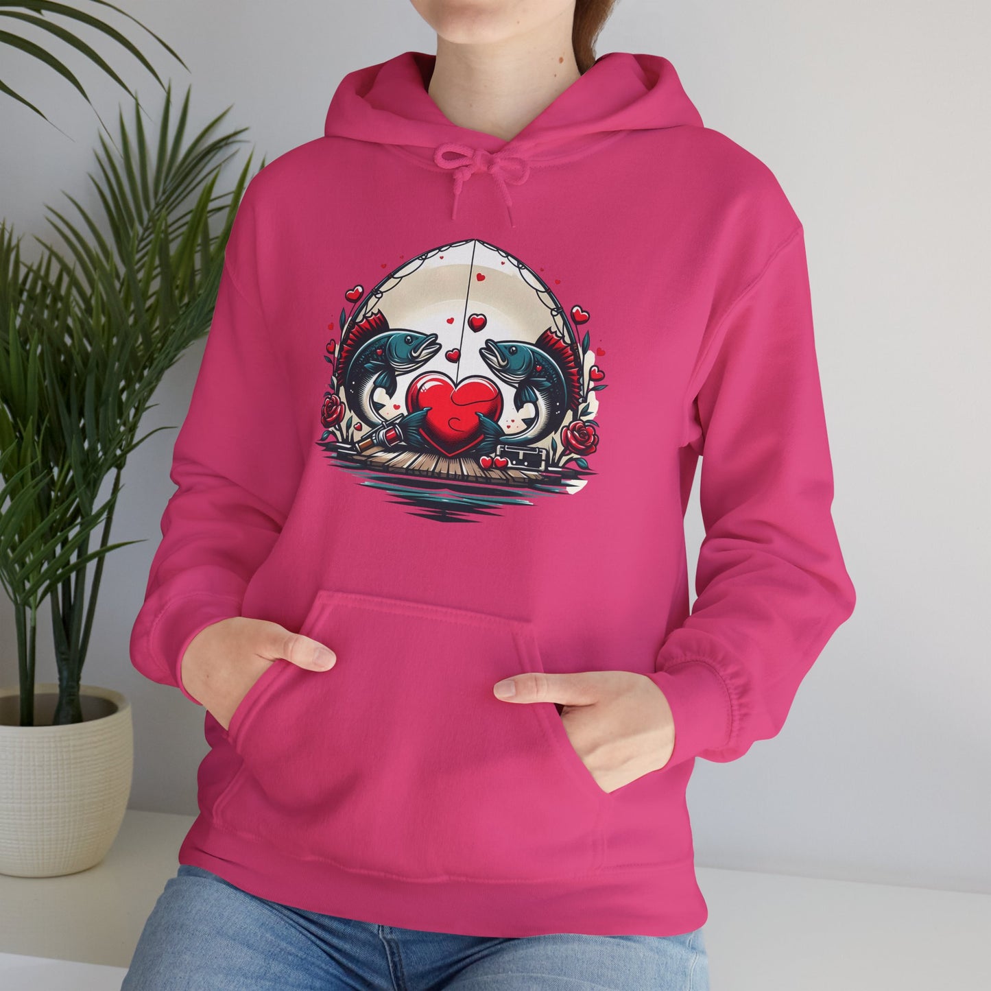 Unique Fish Love Heart Hoodie Unisex Fishing Themed Sweatshirt Graphic Hoodie With Rose Detail Romantic Angler Gift