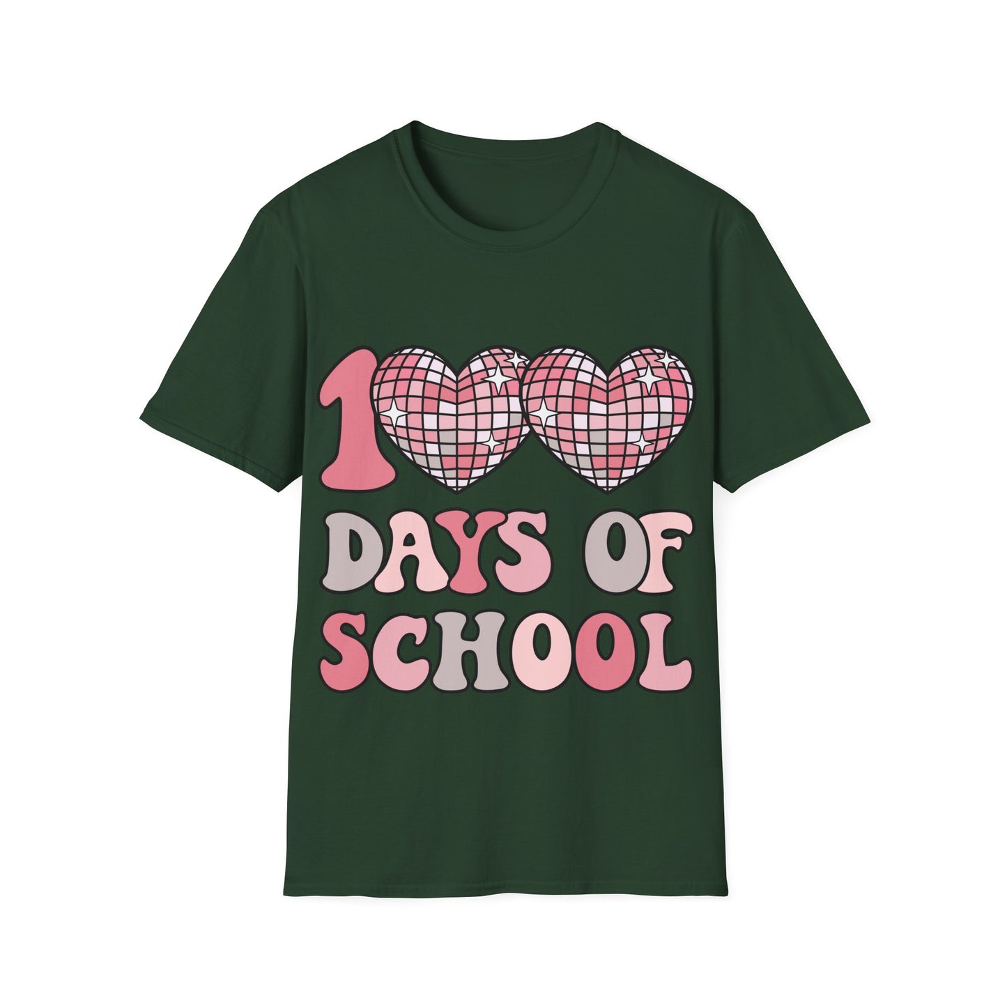 00 Days of School Shirt | Retro Pink Disco Hearts Tee | Vintage Bubble Letter Teacher & Student Top | Soft Ring-Spun Cotton Gift