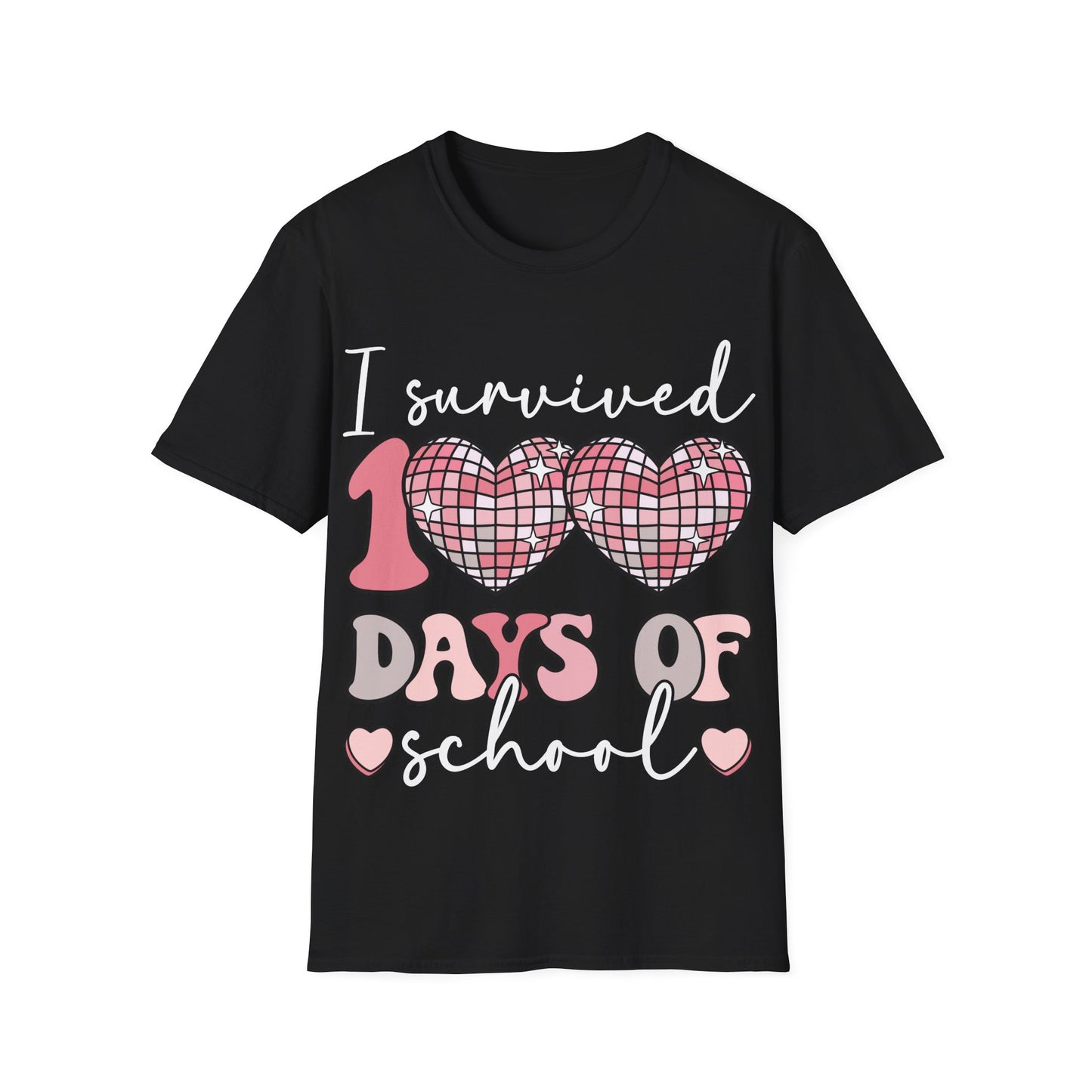 I Survived 100 Days of School Shirt | Funny Retro Disco Heart Black Tee | Groovy Teacher Student Humor Gift