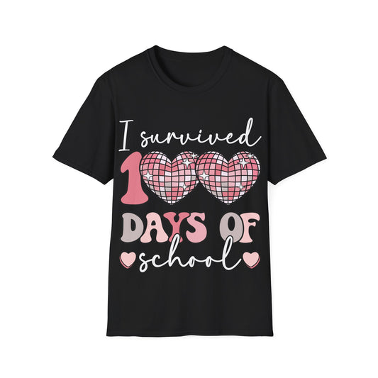 I Survived 100 Days of School Shirt | Funny Retro Disco Heart Black Tee | Groovy Teacher Student Humor Gift