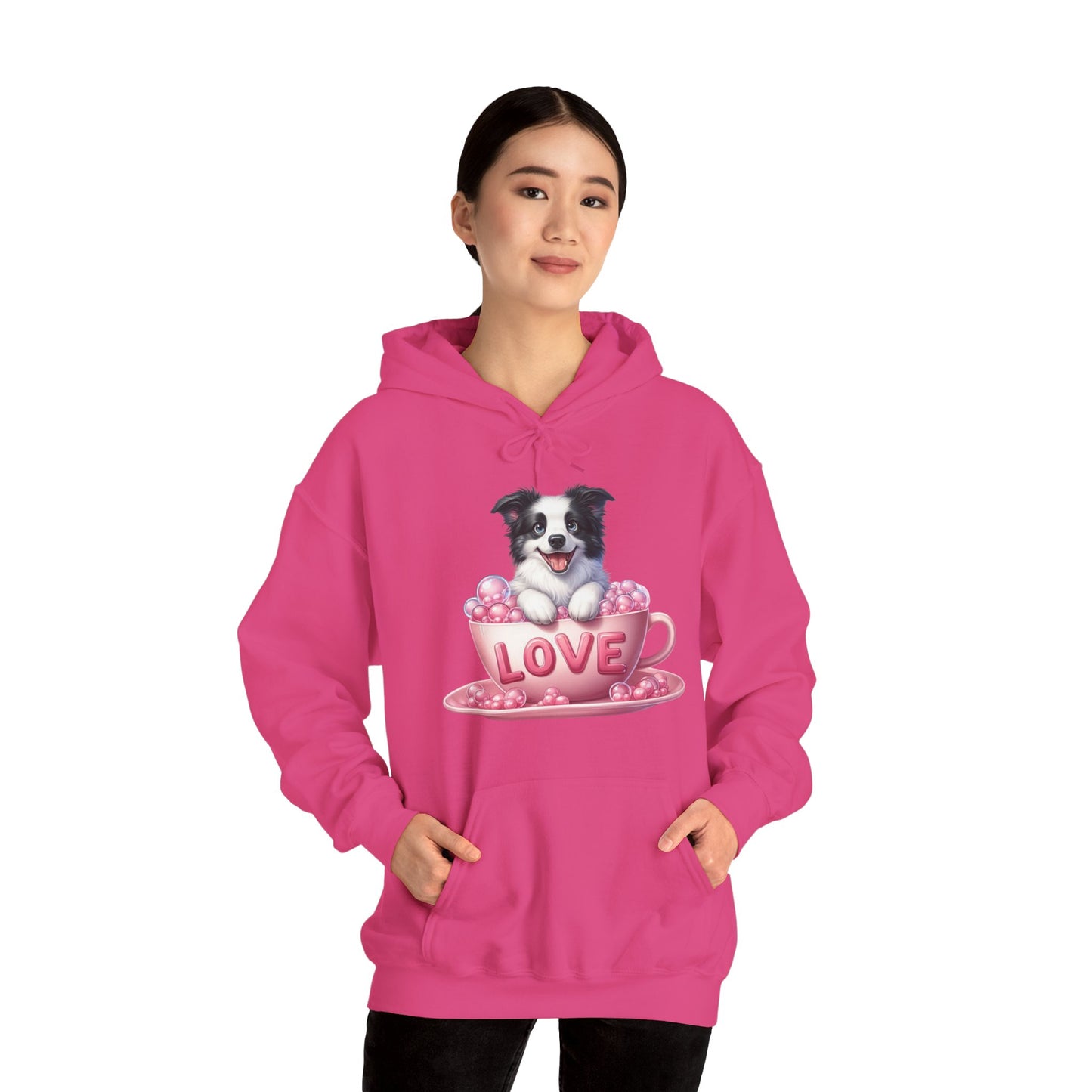Viral Puppy Love Border Collie Hoodie - Cute Dog in Pink Cup Graphic Unisex Sweatshirt - Adorable Gift for Border Collie Lovers