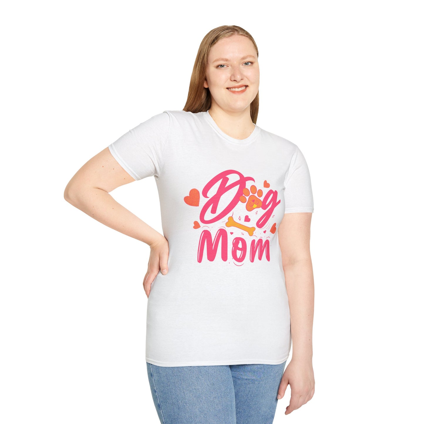 Cute Dog Mom T‑Shirt – Pink Hearts, Paw Print & Bone Graphic for Proud Pup Mamas